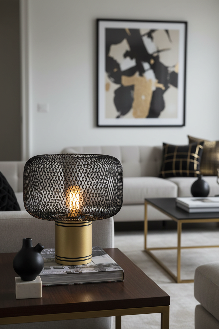 Candeeiro Osiris preto e dourado - close-up