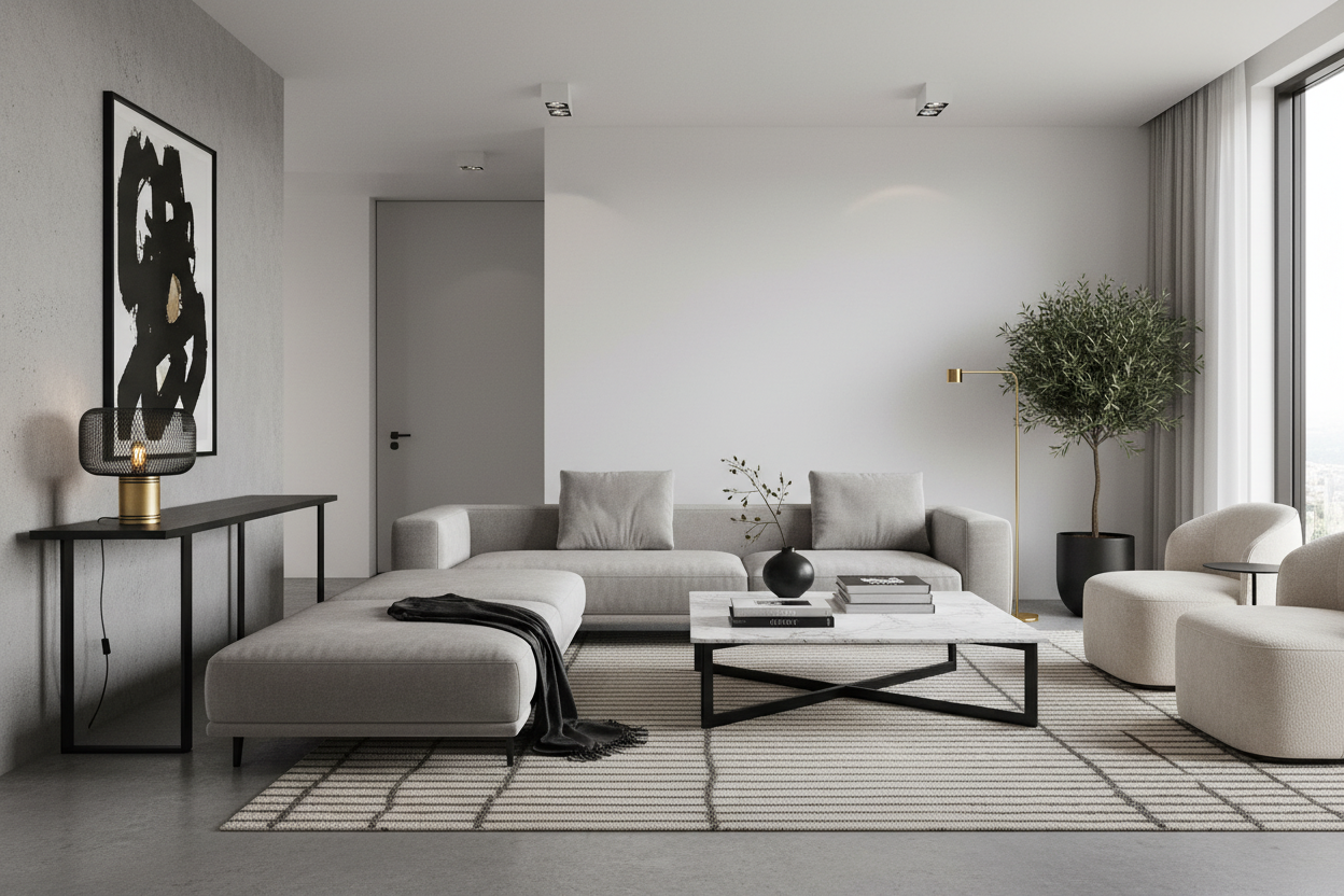 Candeeiro Osiris preto e dourado em sala contemporânea