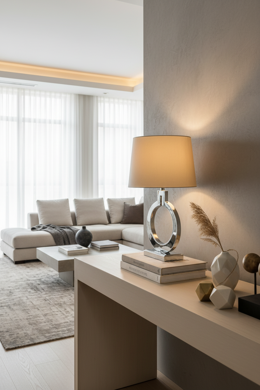 Candeeiro prateado em aparador moderno