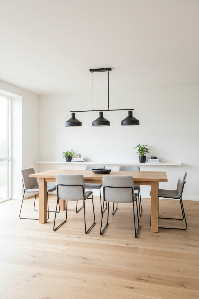 Candeeiro preto industrial em sala com teto mais baixo