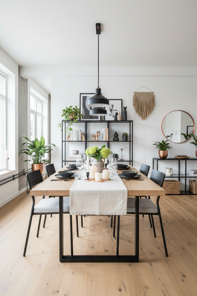 Candeeiro preto industrial em sala decorada