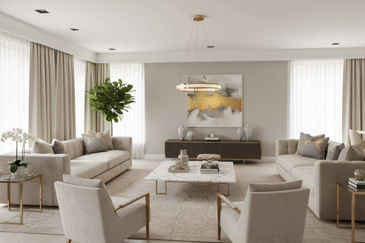 Candeeiro suspenso circular dourado numa sala sofisticada - horizontal