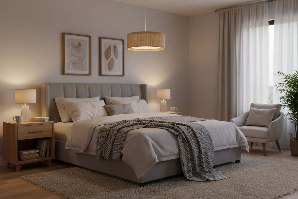 Candeeiro suspenso compacto de rattan em quarto confortável