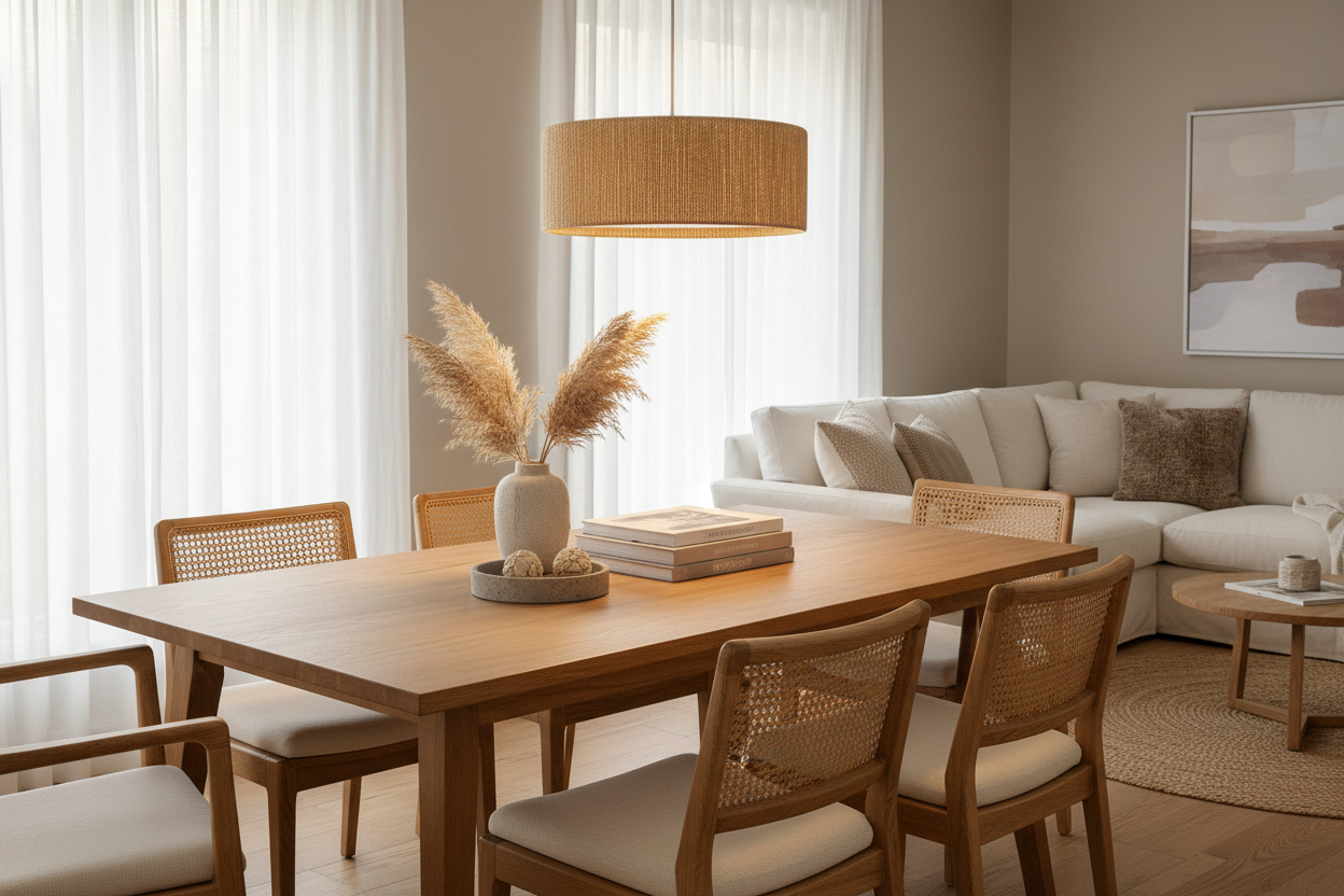 Candeeiro suspenso de rattan sobre mesa