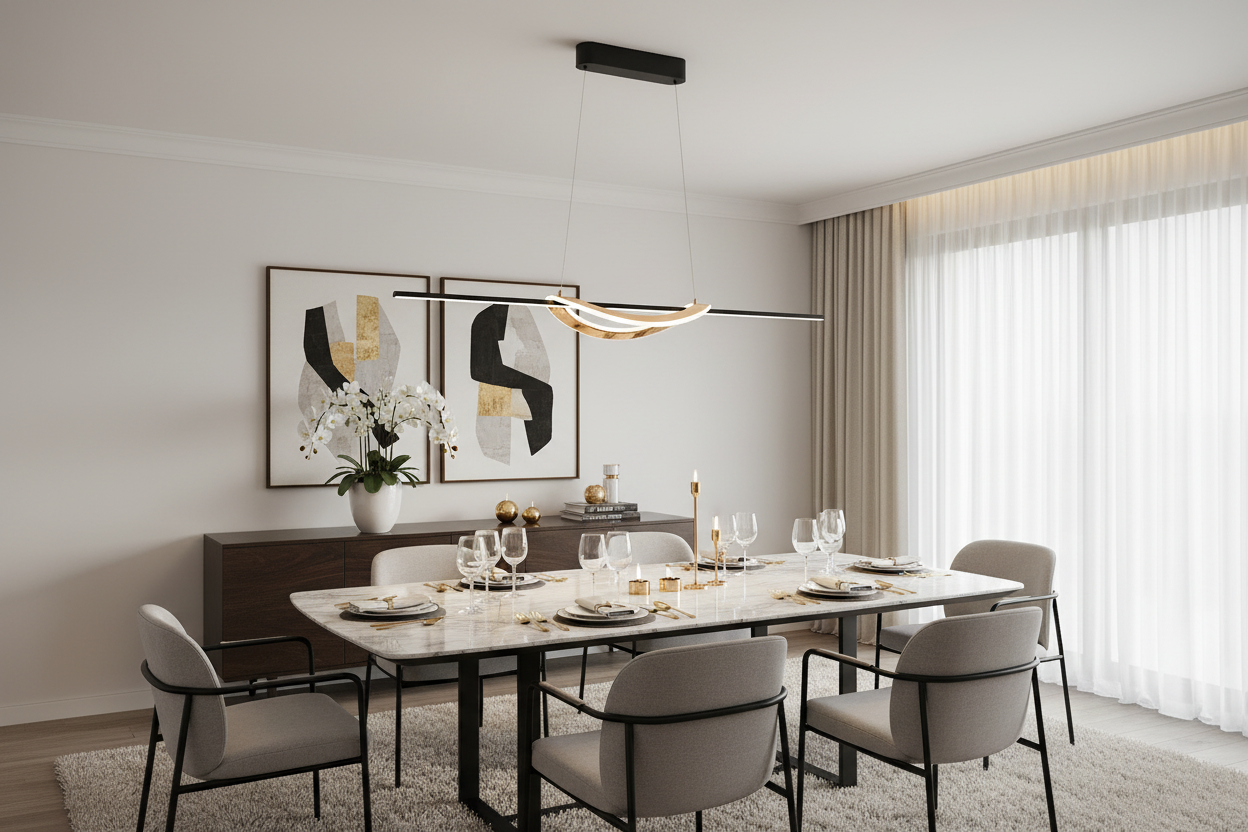Candeeiro suspenso linear preto e dourado numa sala de refeições