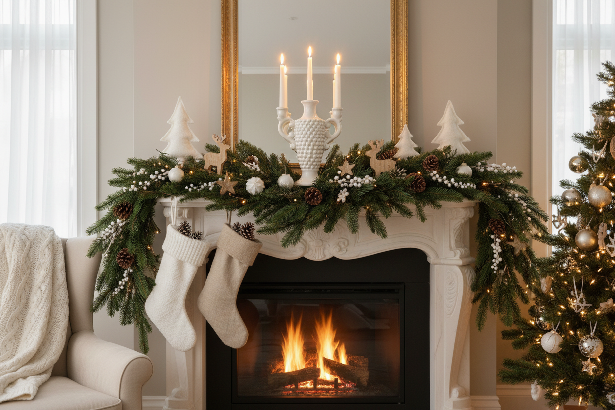 Candelabro em lareira de Natal