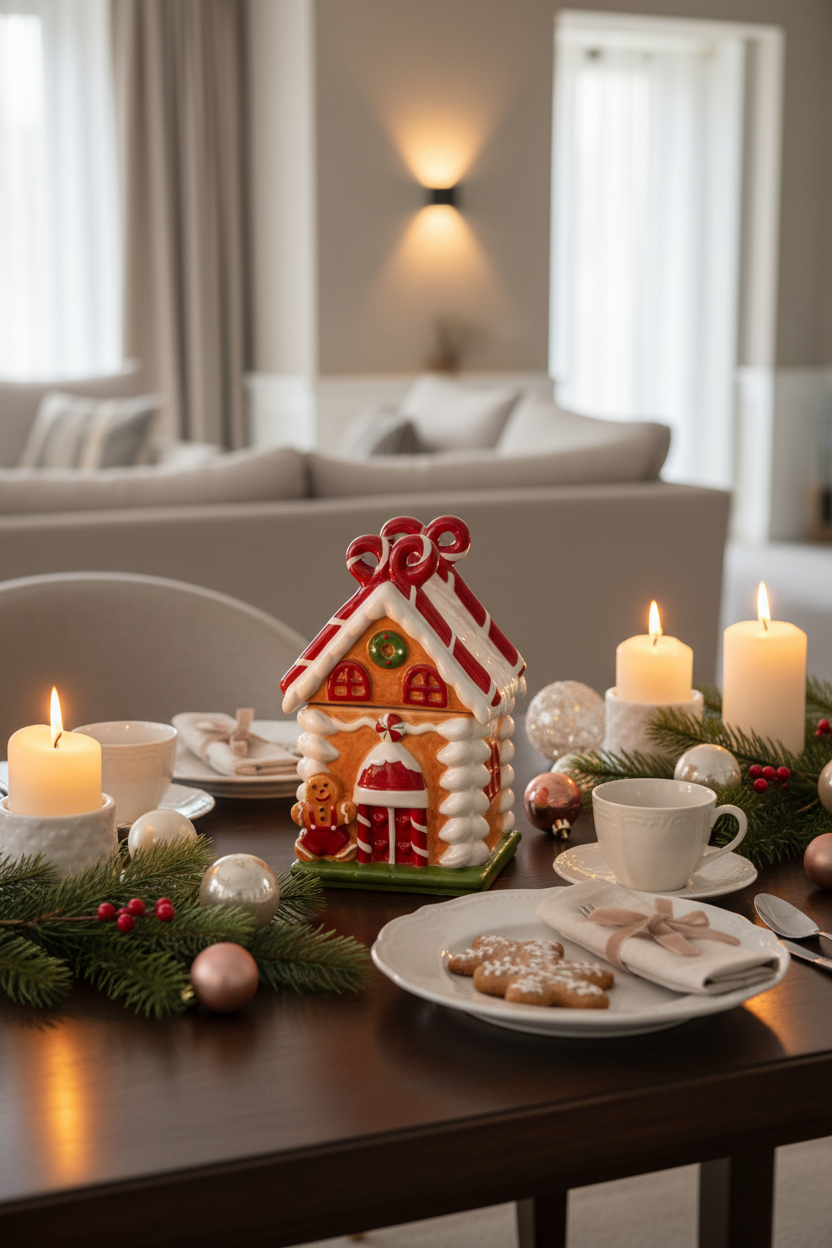 Casinha de gengibre em mesa decorada e acolhedora