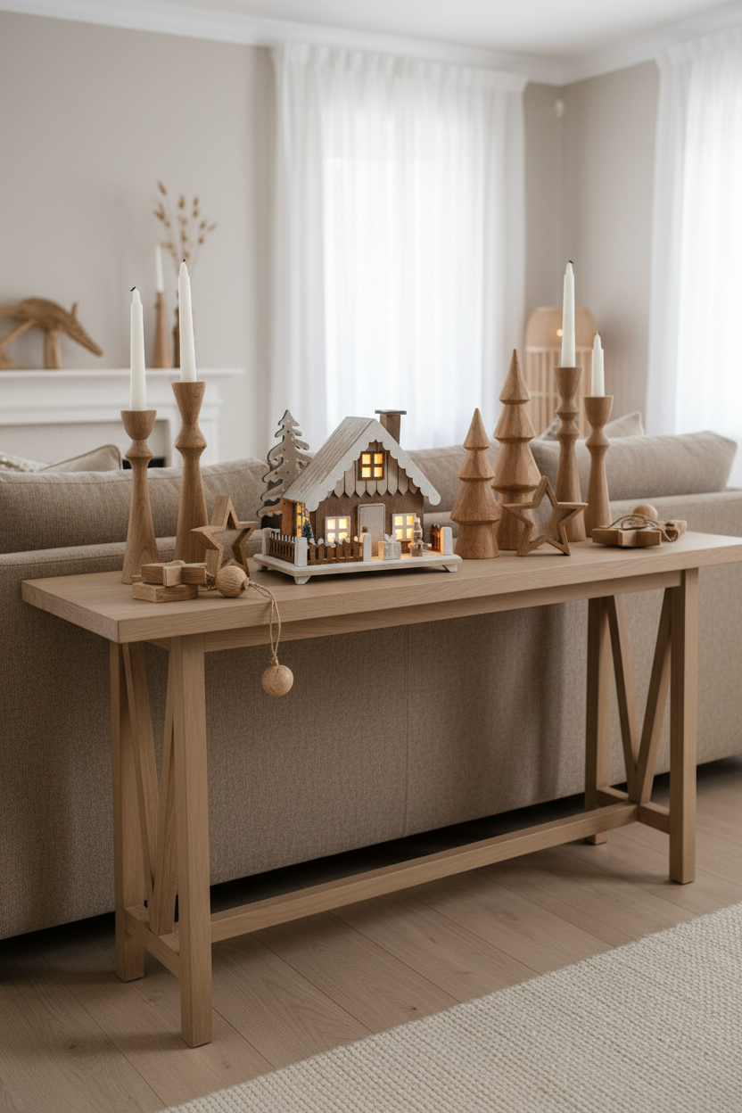 Casinha de madeira iluminada mais pequena em sala com decorações