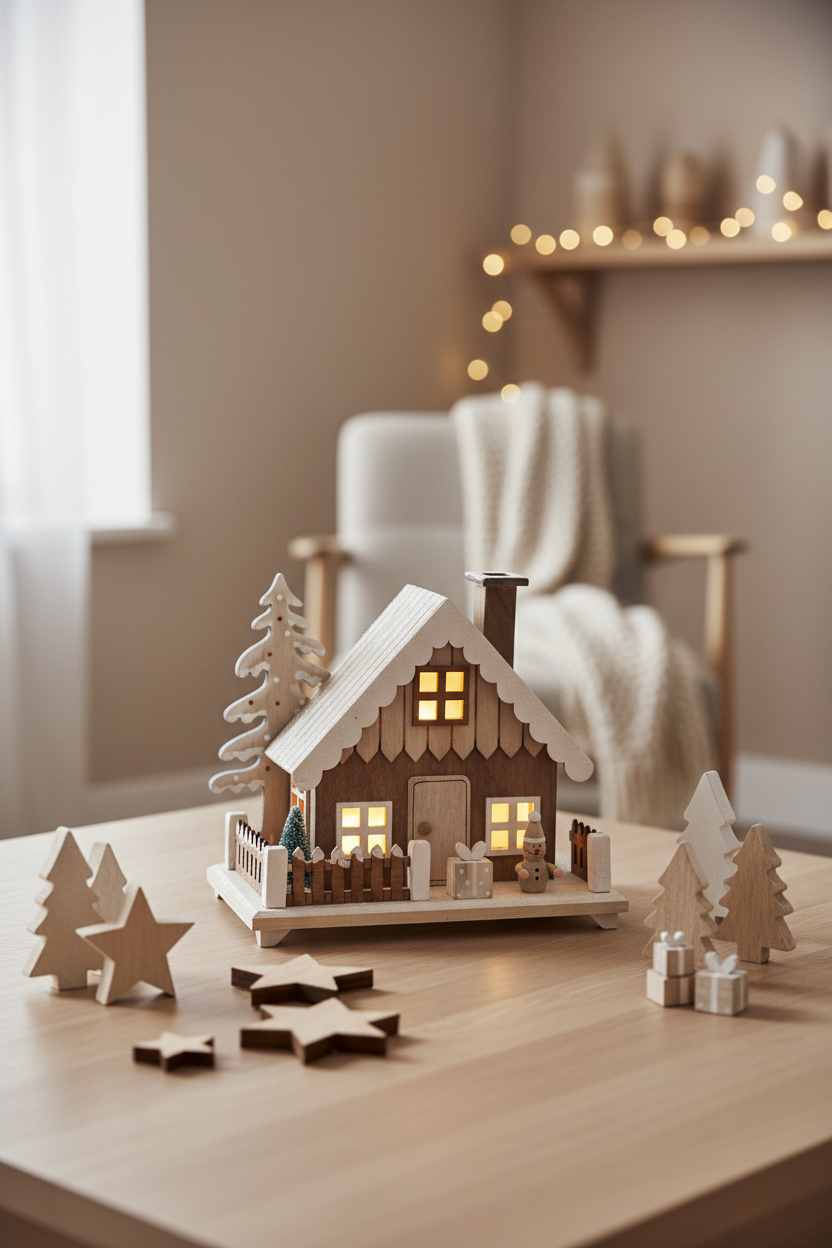 Casinha de madeira iluminada - vista próxima com decorações