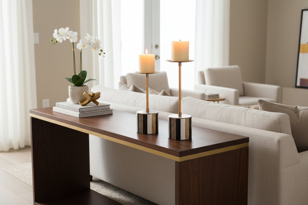 Castiçais com velas largas em consola