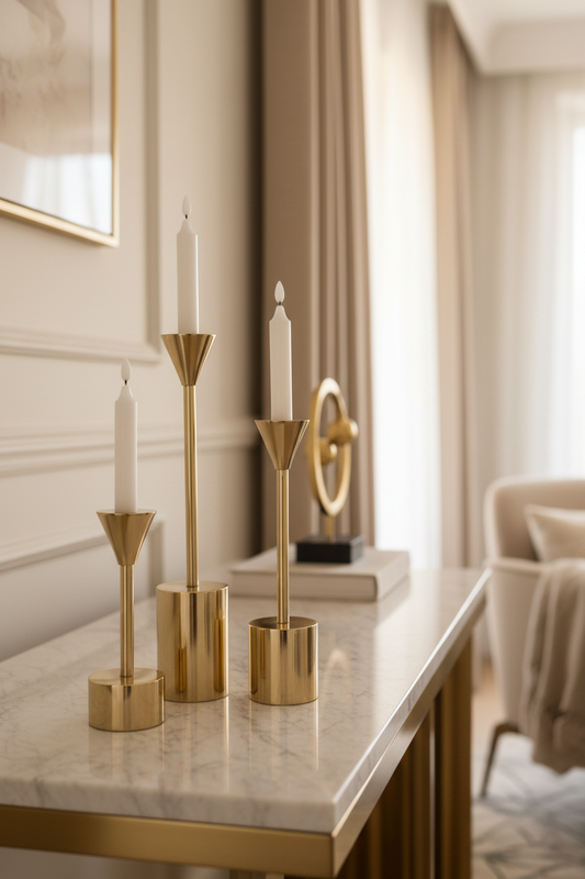 Castiçais dourados em ambiente elegante