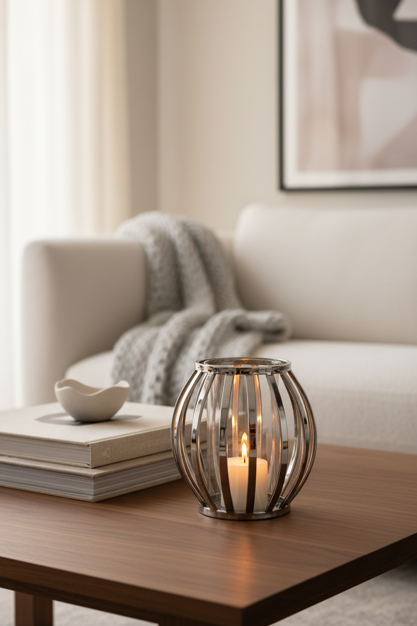 Castiçal prateado com vela acesa