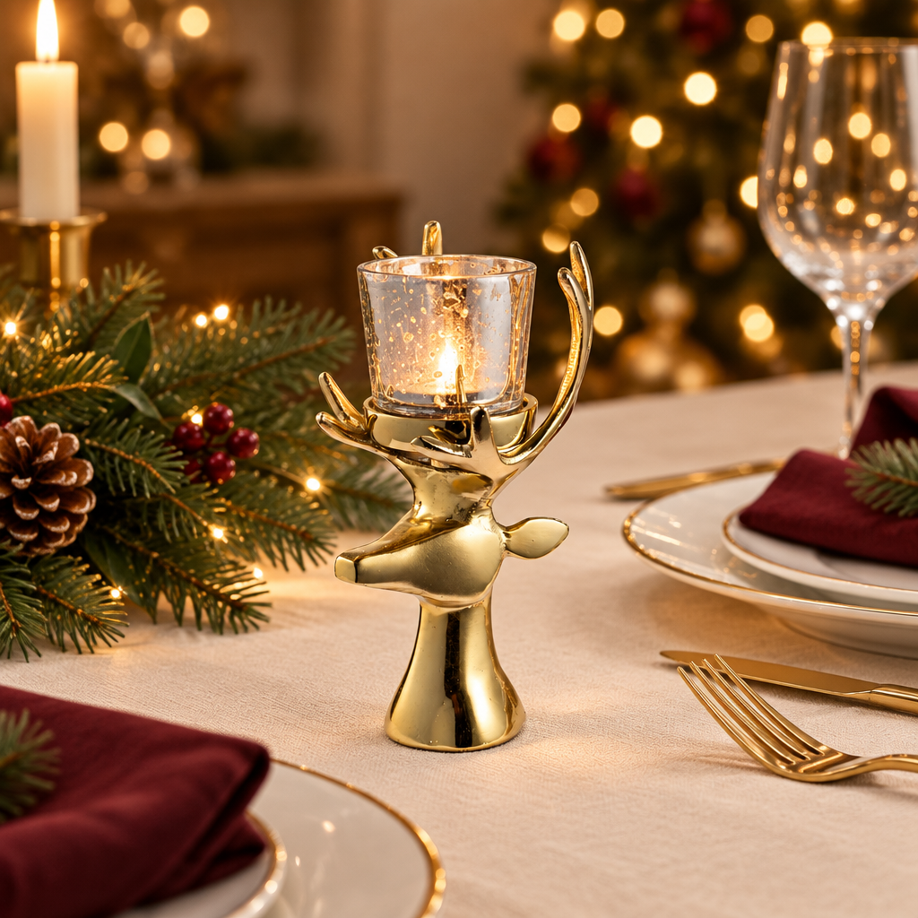 Castiçal Rena Glower numa mesa de Natal elegante