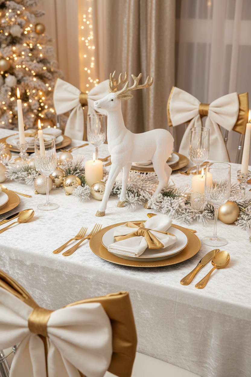 Ceia de Natal elegante em branco e dourado