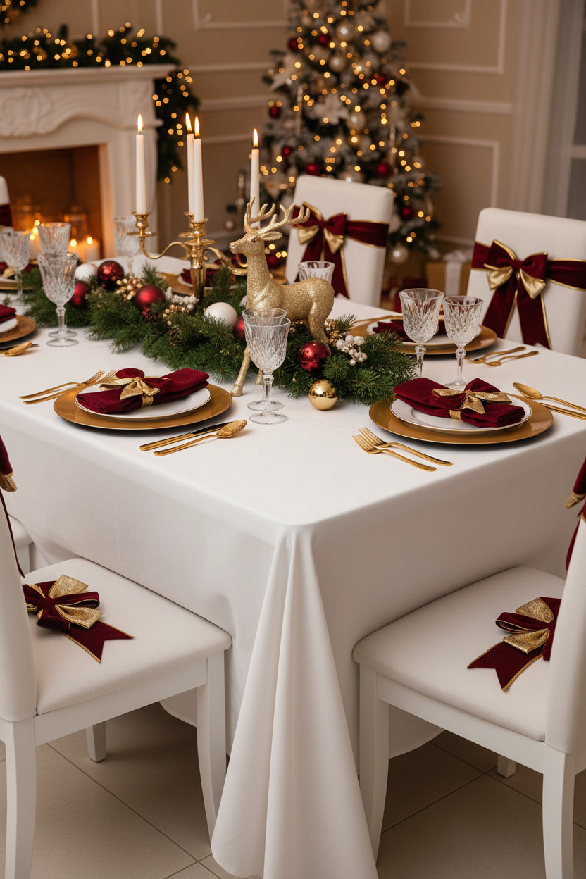 Ceia de Natal elegante vertical com rena e laços de veludo