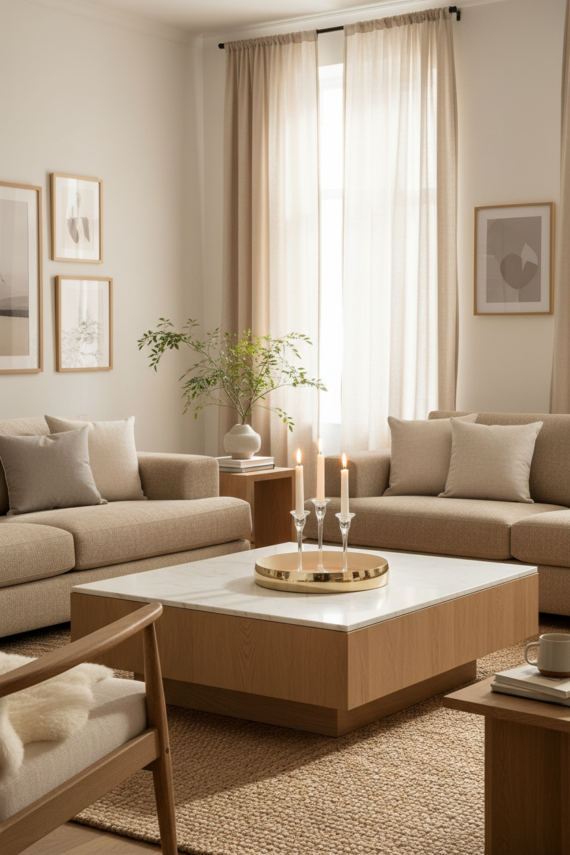 Centro de mesa dourado em mesa de centro