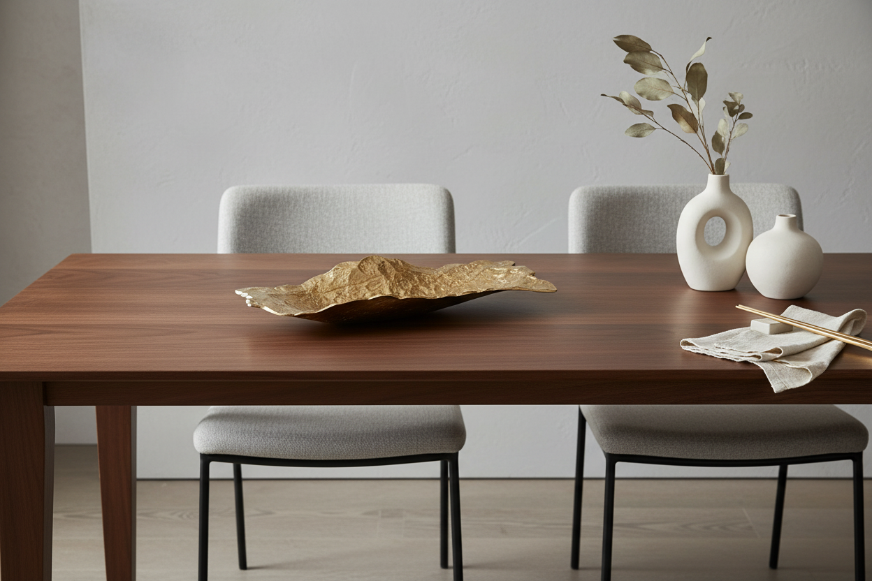 Centro de mesa dourado num ambiente contemporâneo