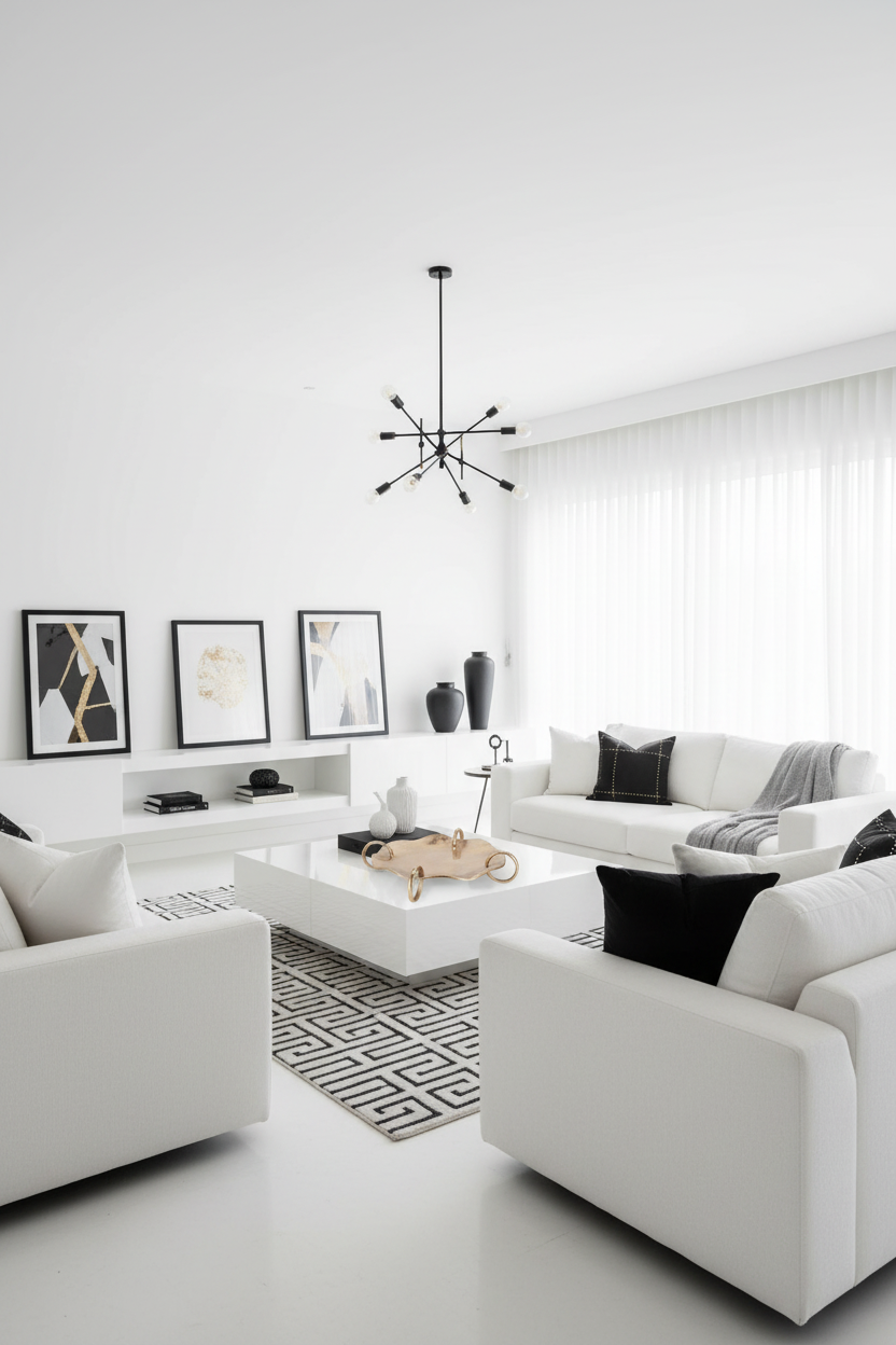 Centro de mesa em sala moderna branco e preto