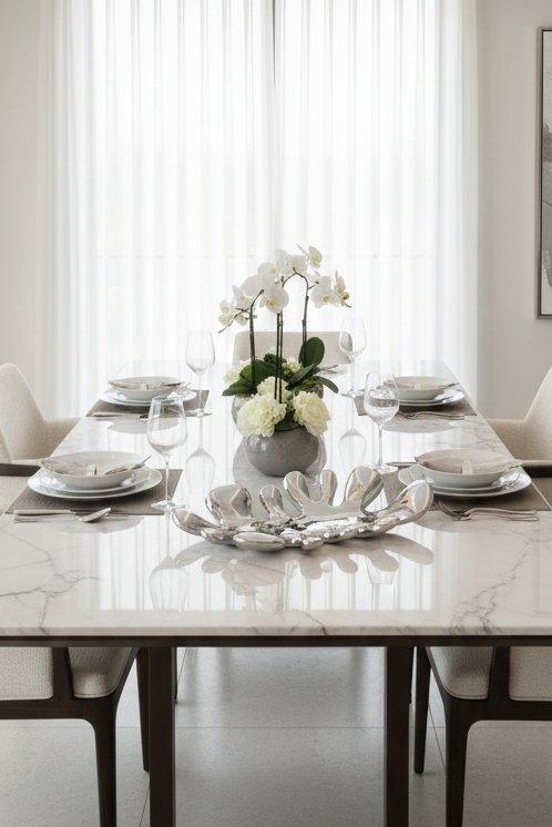 Centro de mesa prateado em mesa de jantar
