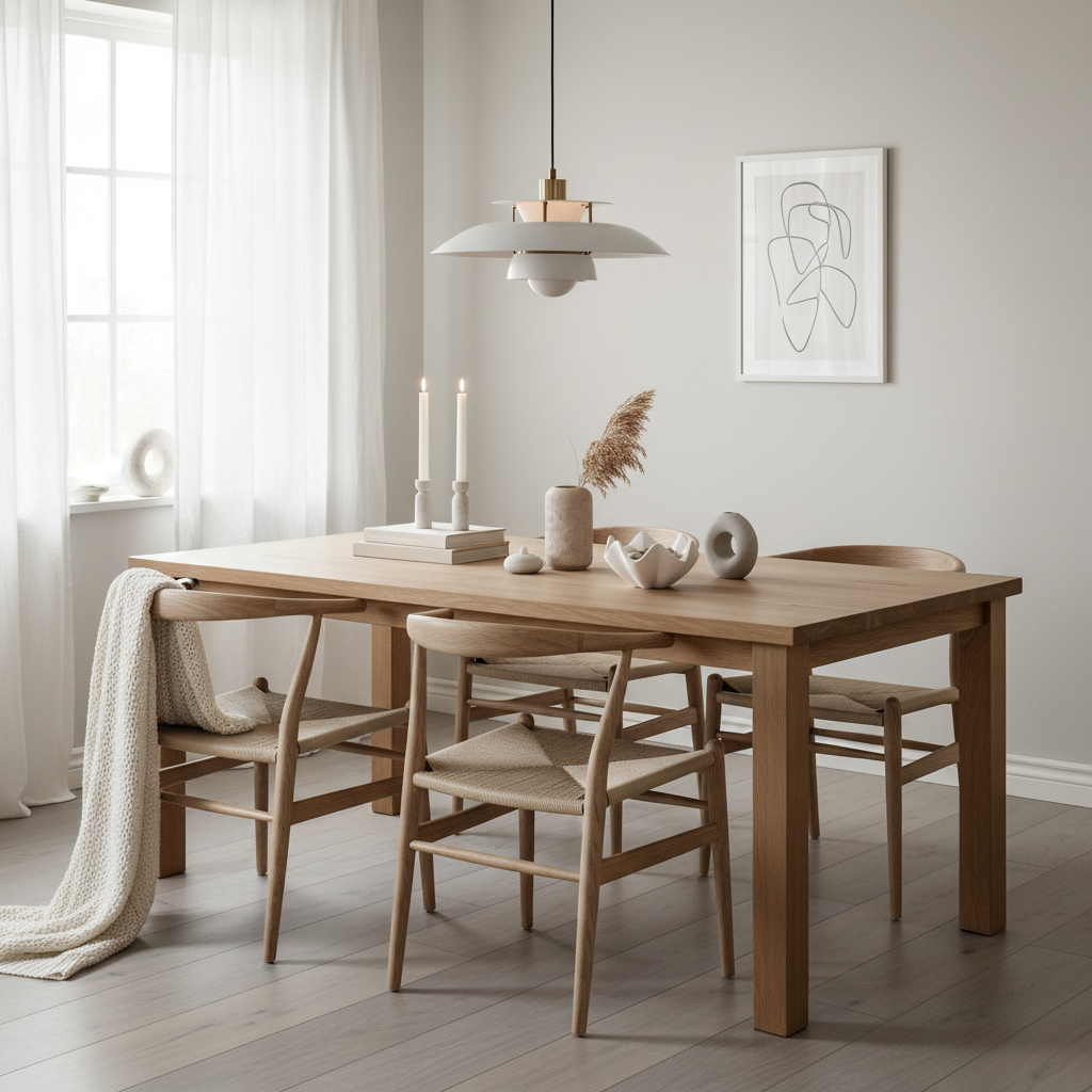 Centros de mesa em sala de jantar nórdica