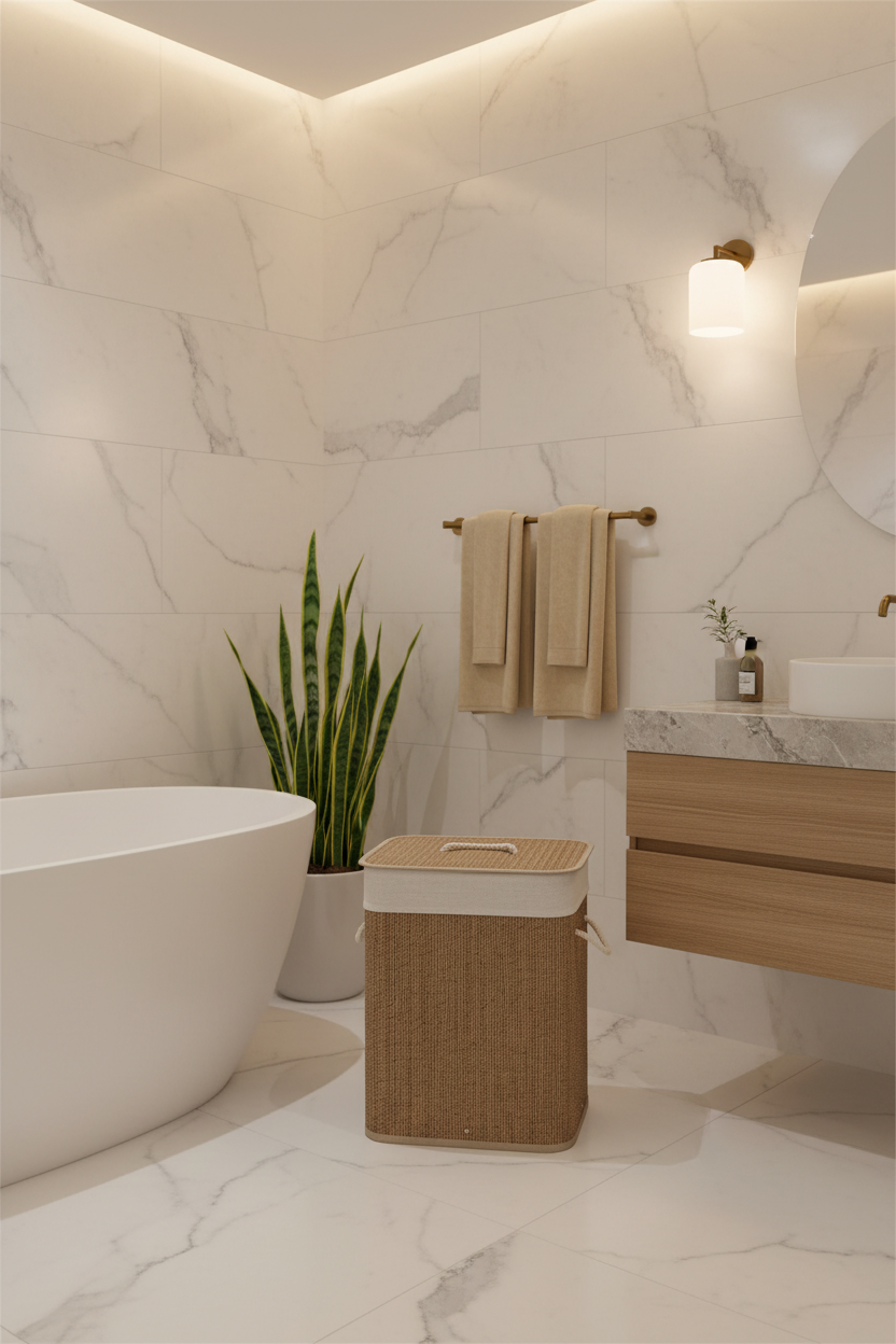 Cesto de roupa em bambu numa casa de banho contemporânea