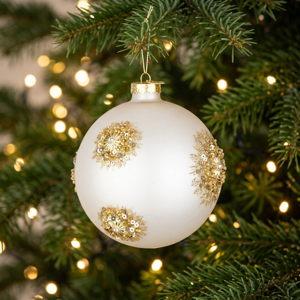 Close-up com a fotografia original da bola como referência numa árvore de Natal iluminada