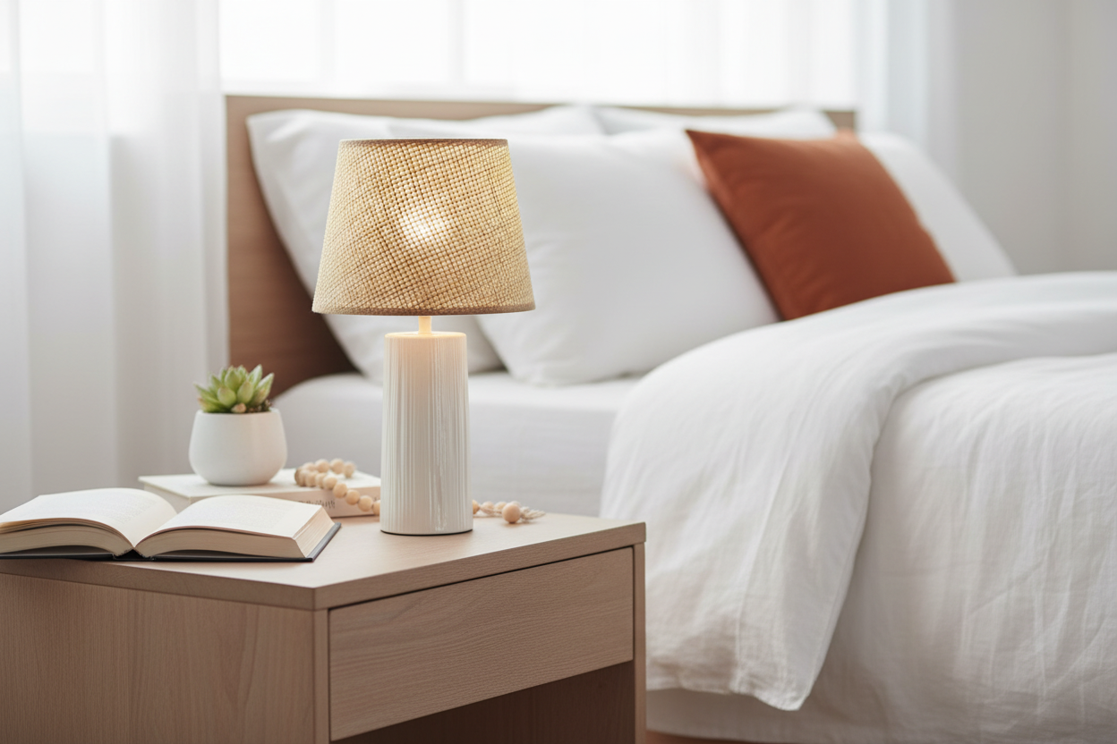 Close-up do candeeiro pequeno em mesa de cabeceira escandinava