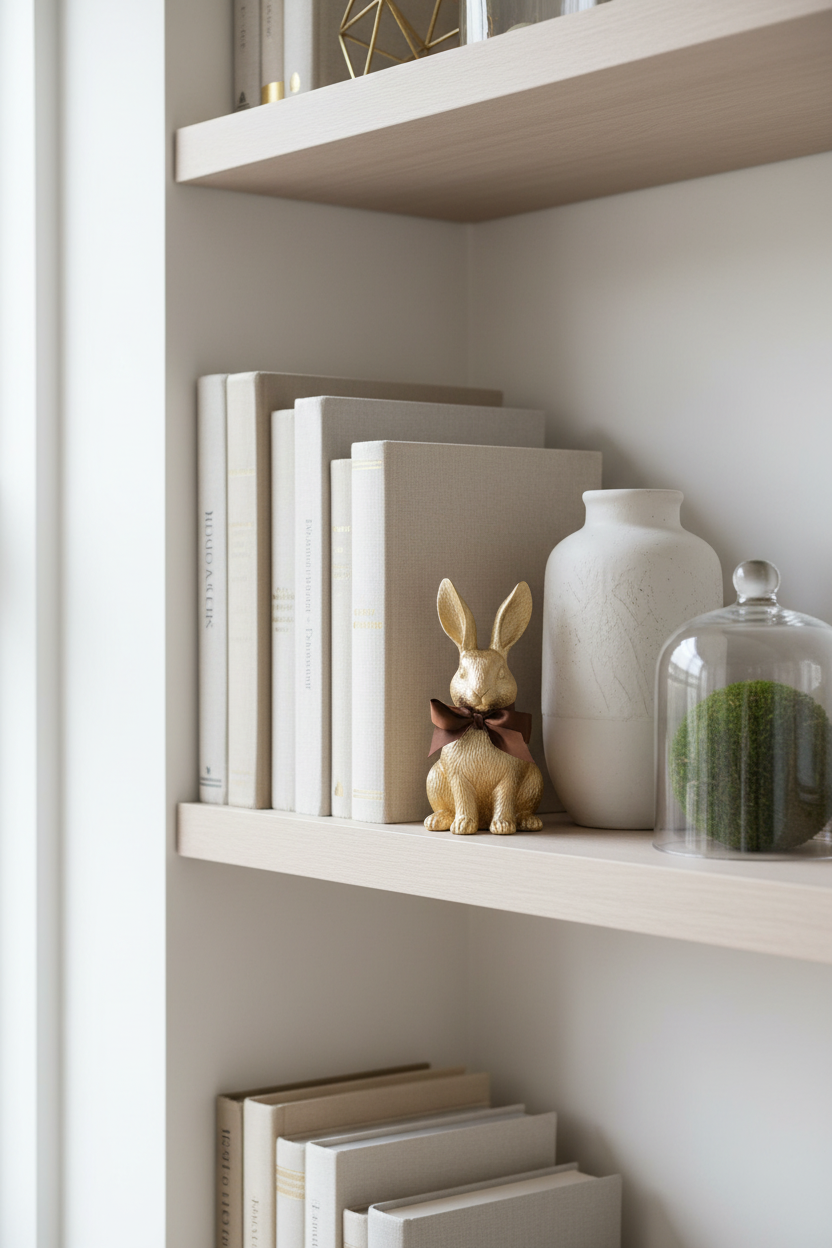 Coelhinho dourado pequeno em prateleira