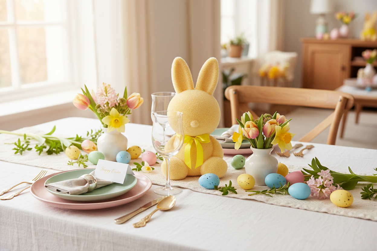 Coelho amarelo em mesa de Páscoa