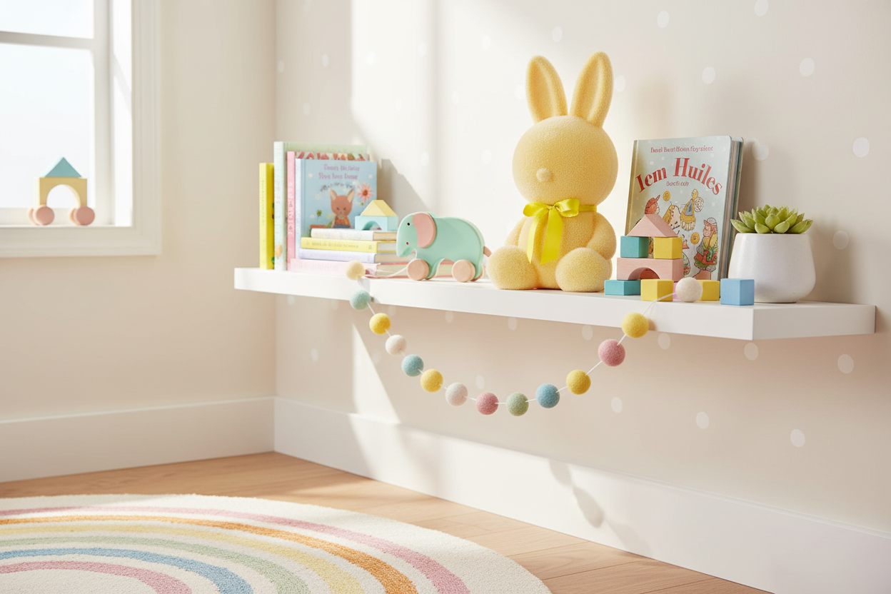 Coelho amarelo em quarto infantil