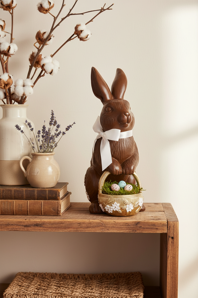 Coelho em prateleira rústica