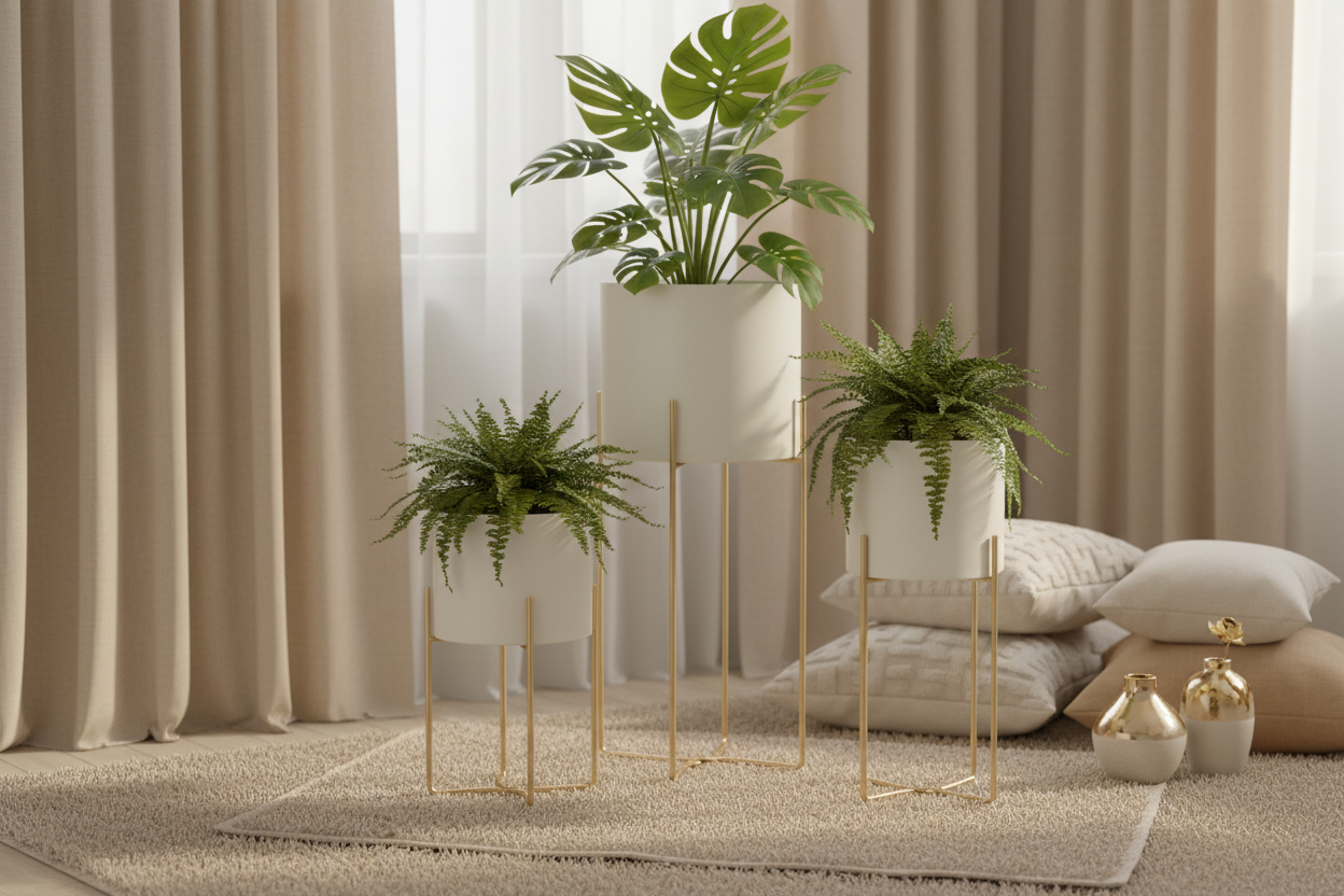 Conjunto 3 floreiras em ambiente confortável