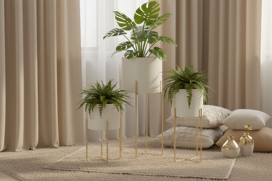 Conjunto 3 floreiras em ambiente confortável