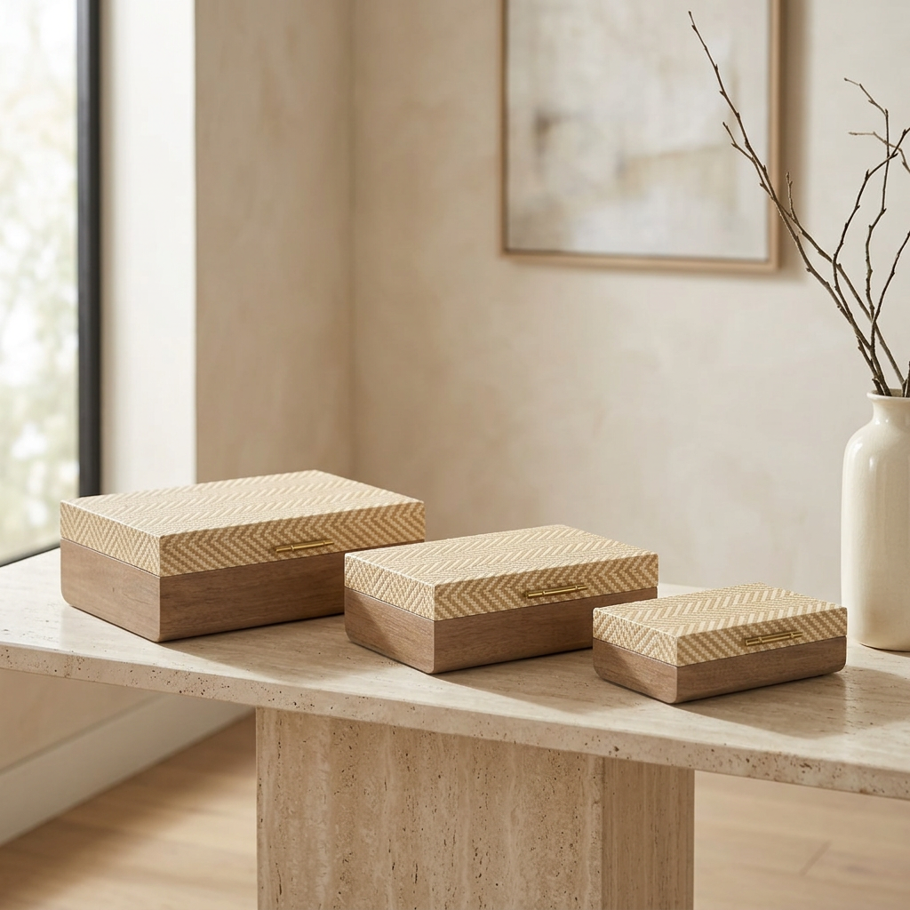 Conjunto de três caixas numa consola de estilo contemporâneo