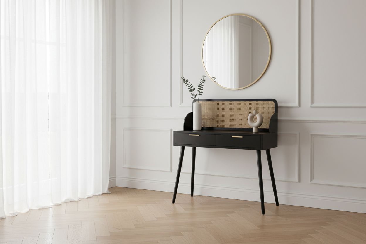 Consola Josine em ambiente contemporâneo bege e branco