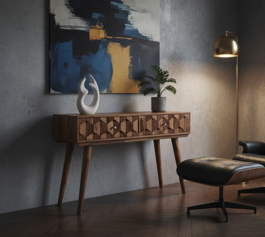 Consola Kant com poltrona Eames em ambiente contemporâneo estiloso