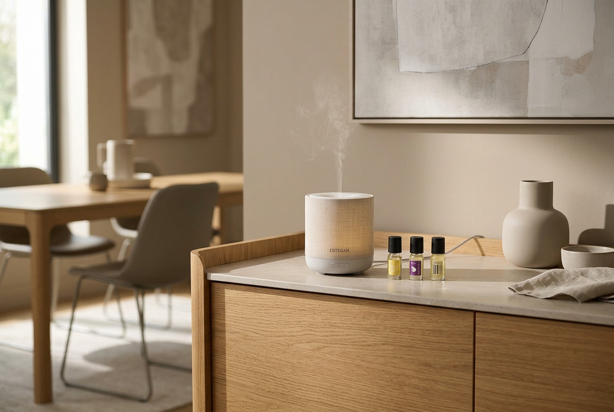 Difusor Easy Living bege sobre um aparador contemporâneo, com os três frascos de óleos compativeis