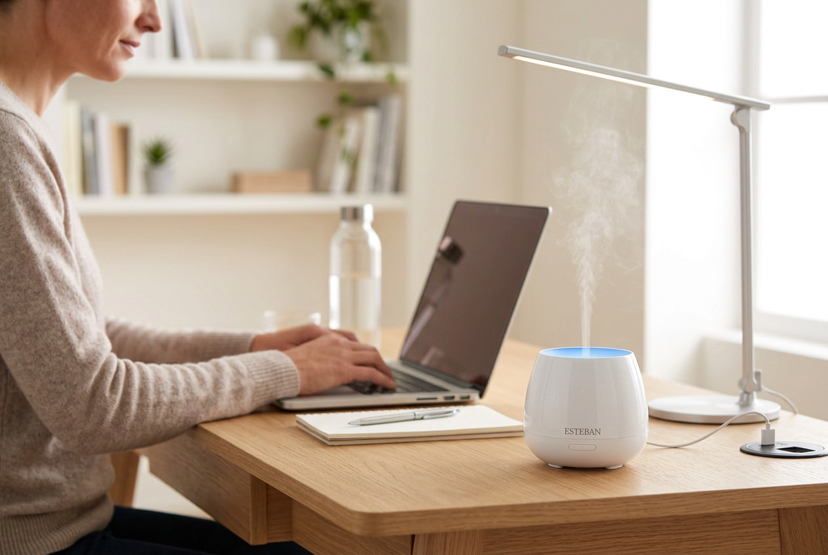 Difusor Easy Pop branco ESTEBAN compacto numa secretária, com uma pessoa a trabalhar ao computador