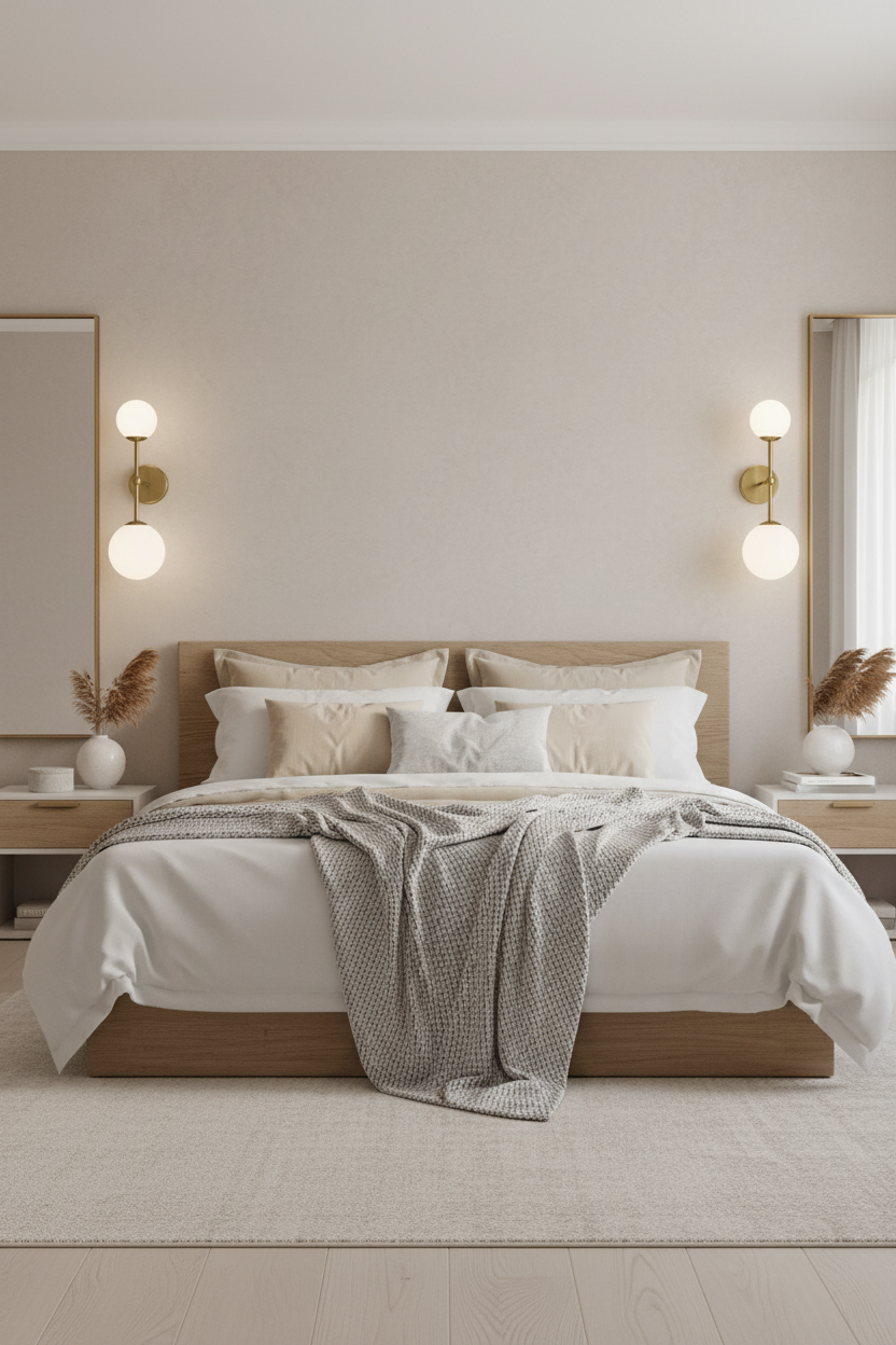 Dois candeeiros de parede com globos dourados no quarto