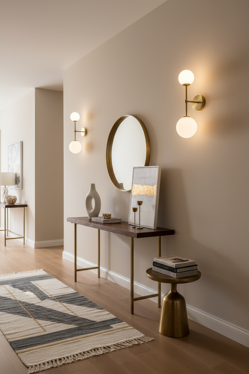 Dois candeeiros de parede com globos dourados num corredor