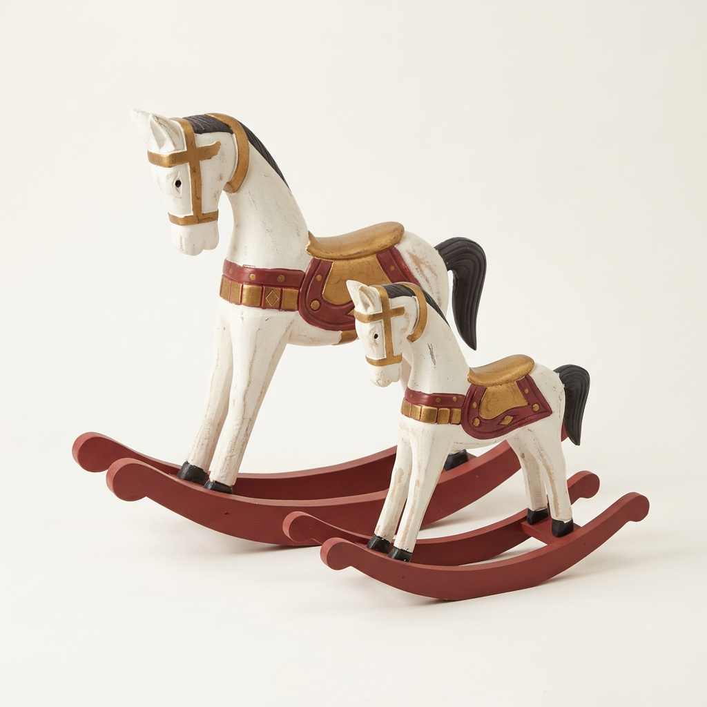 Dois cavalos de baloiço em fundo de estúdio