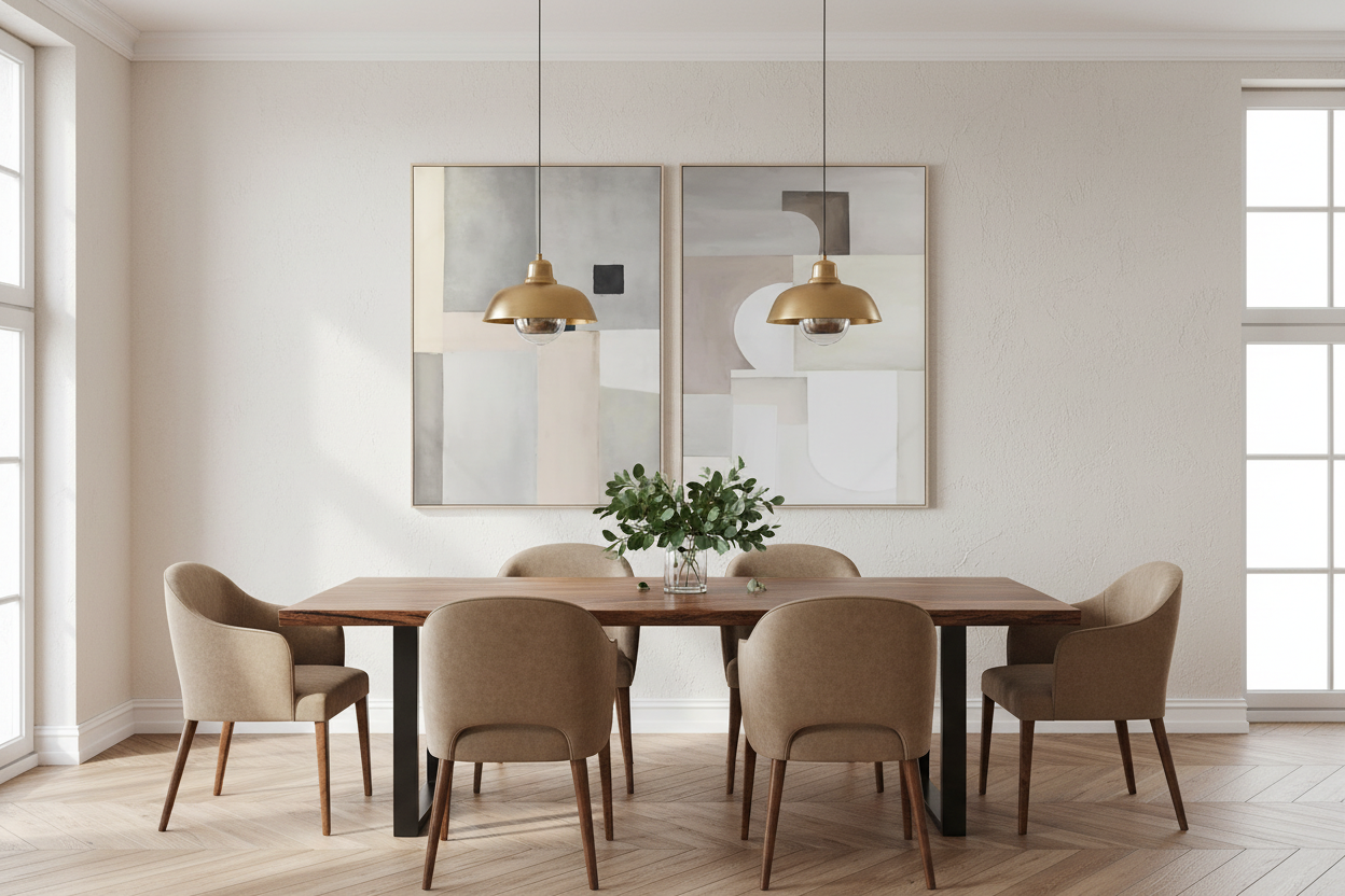 Dois quadros abstratos nude em díptico sala de jantar luxuosa