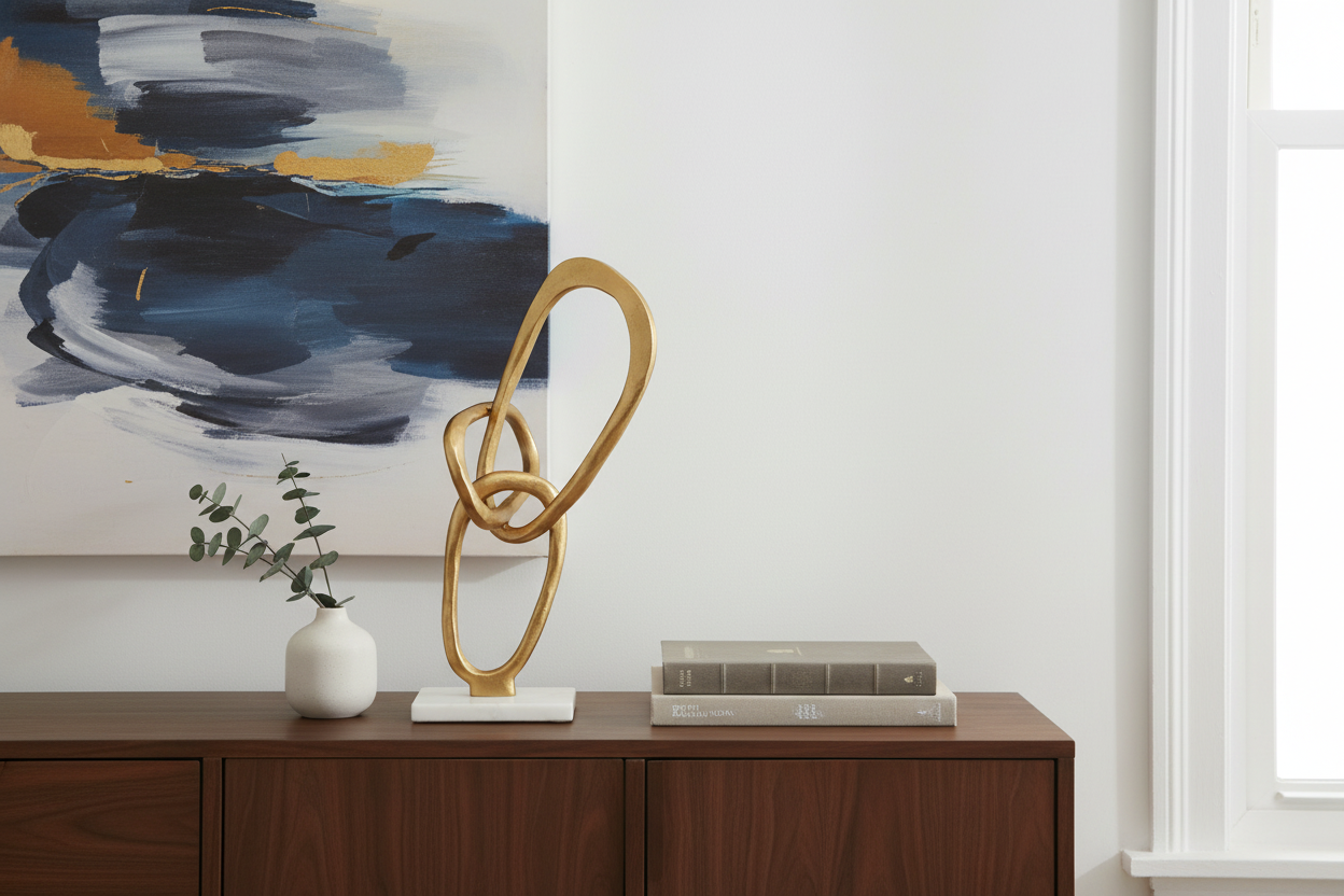 Escultura anéis dourados 43cm em aparador sala de estar