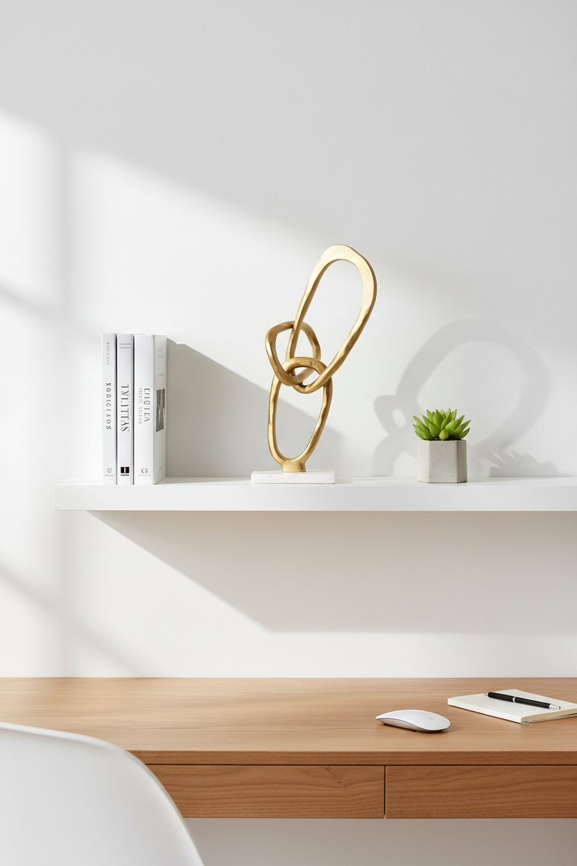 Escultura anéis dourados 43cm em prateleira home office