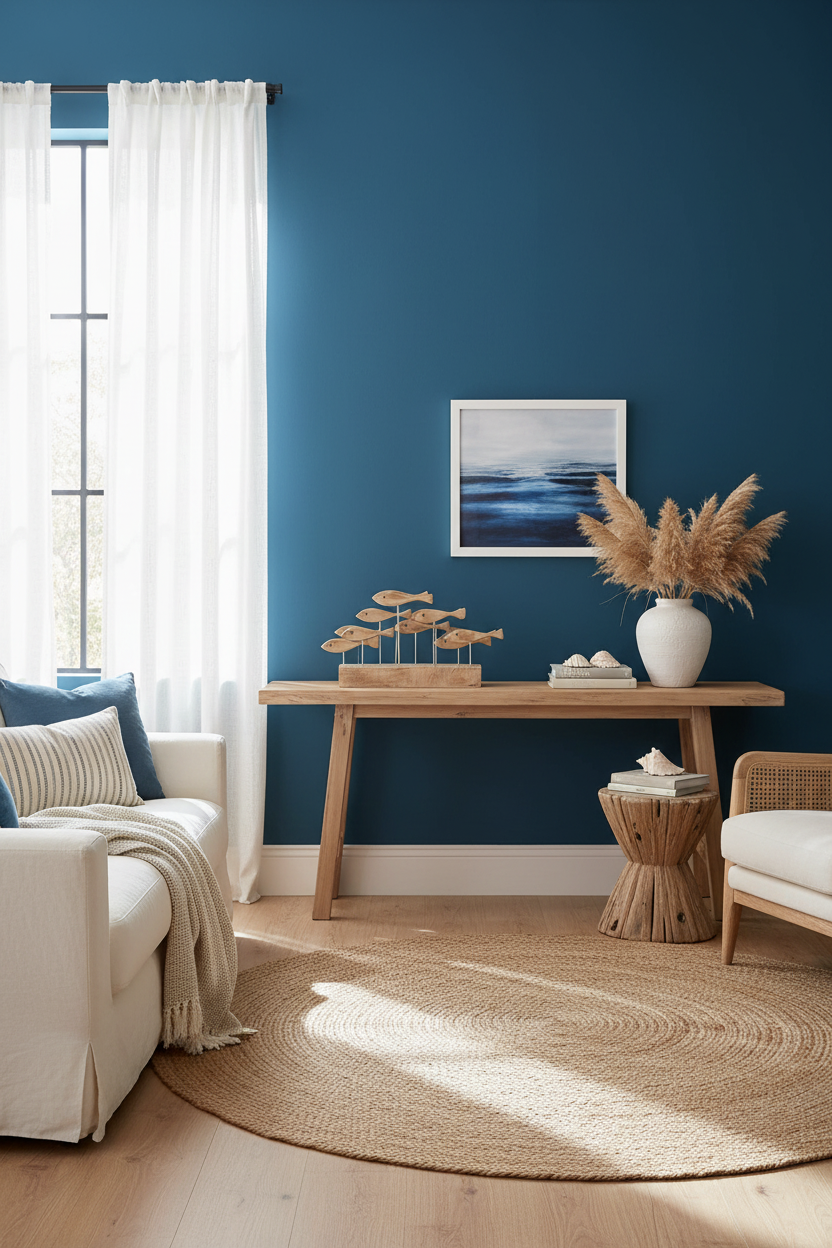 Escultura de peixes em madeira com fundo azul