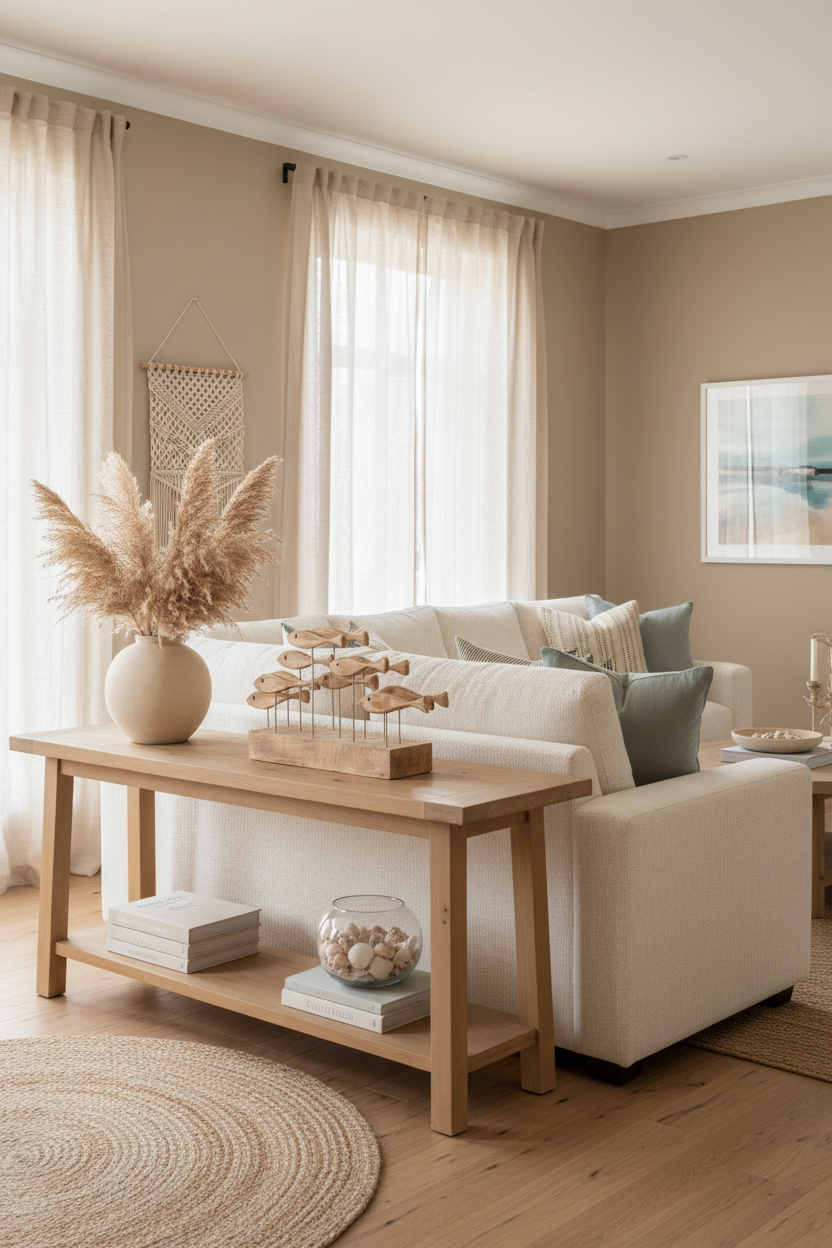 Escultura de peixes em madeira na sala