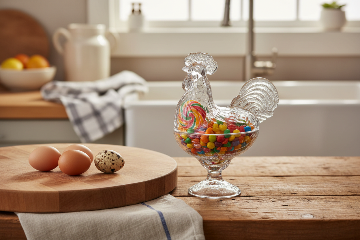 Galinha com doces em cozinha rústica