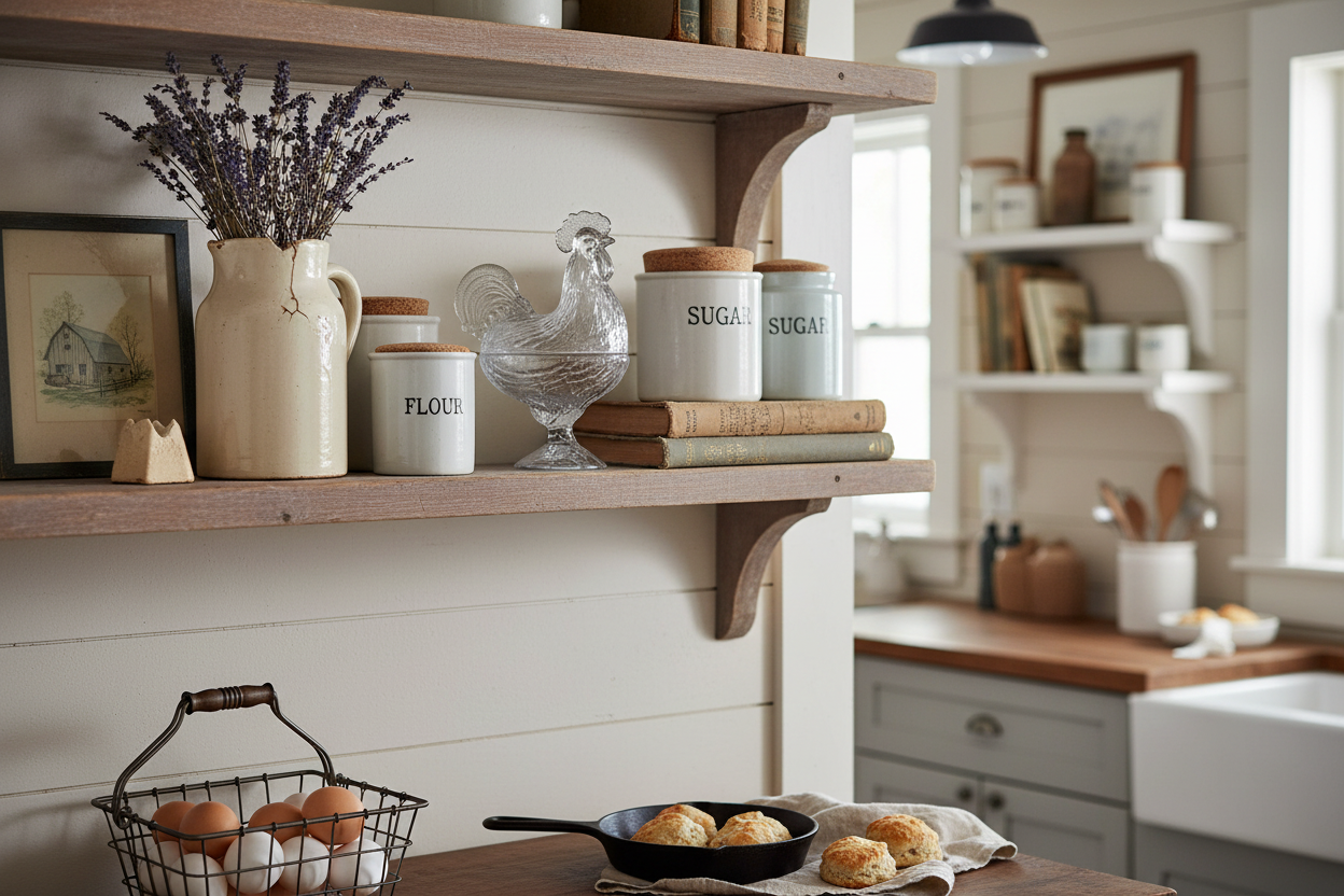 Galinha em prateleira rústica