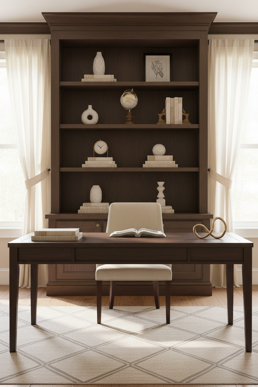 Globo decorativo em estante de escritório elegante