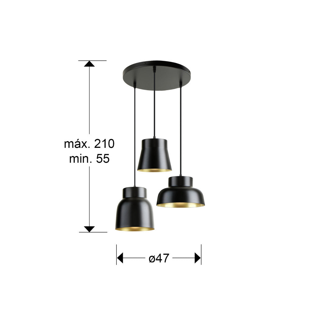 Candeeiro Suspenso Vulcano preto e dourado 3L